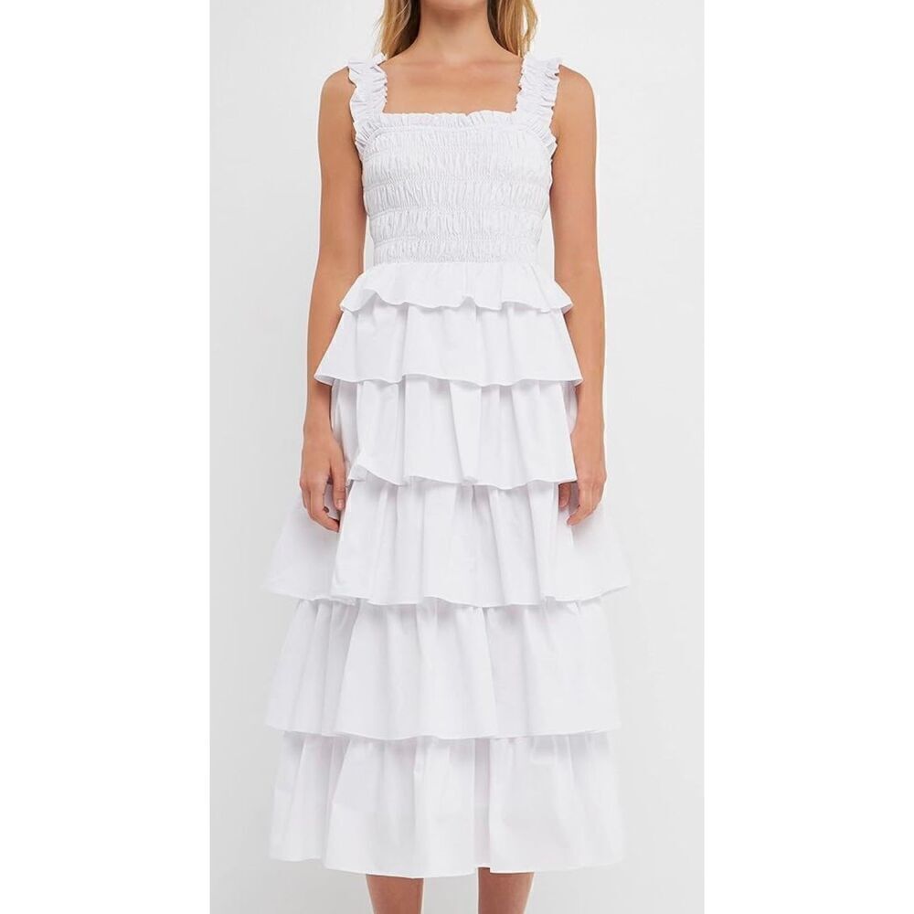 English Factory Women's Smocked Bust Multi Ruffled Maxi Gown Dress